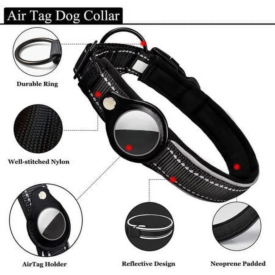 Reflective Airtag Dog Collar,Padded for Apple Air Tag Adjustable Dog Collar with Airtag Holder Case for Heavy Duty Small Medium Large Dogs