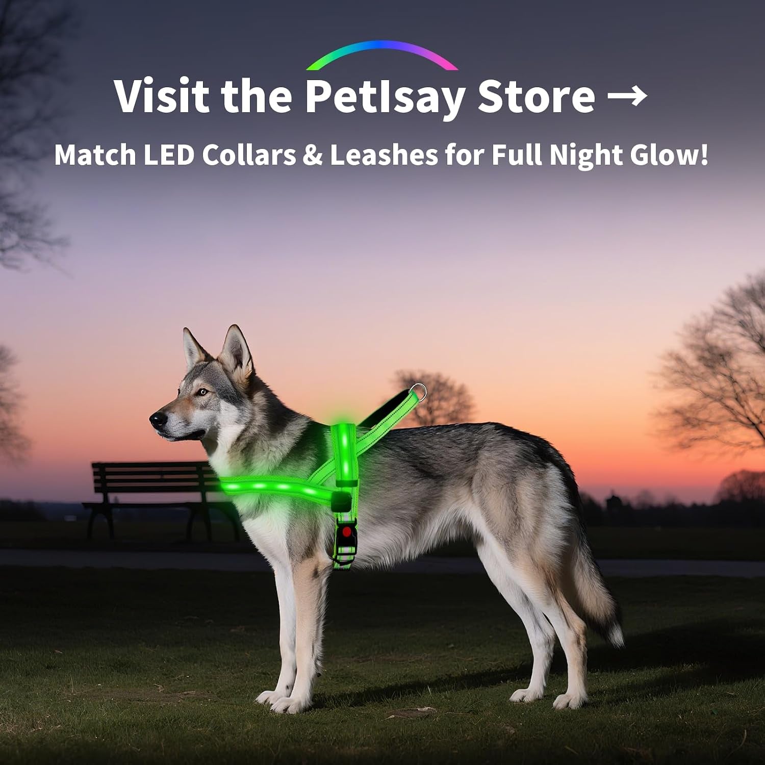 LED Light up Dog Harness - USB-C Rechargeable, IPX7 Waterproof, Reflective, No Pull Dog Vest with Soft Padded Handle for Night Walking(Green, Medium)